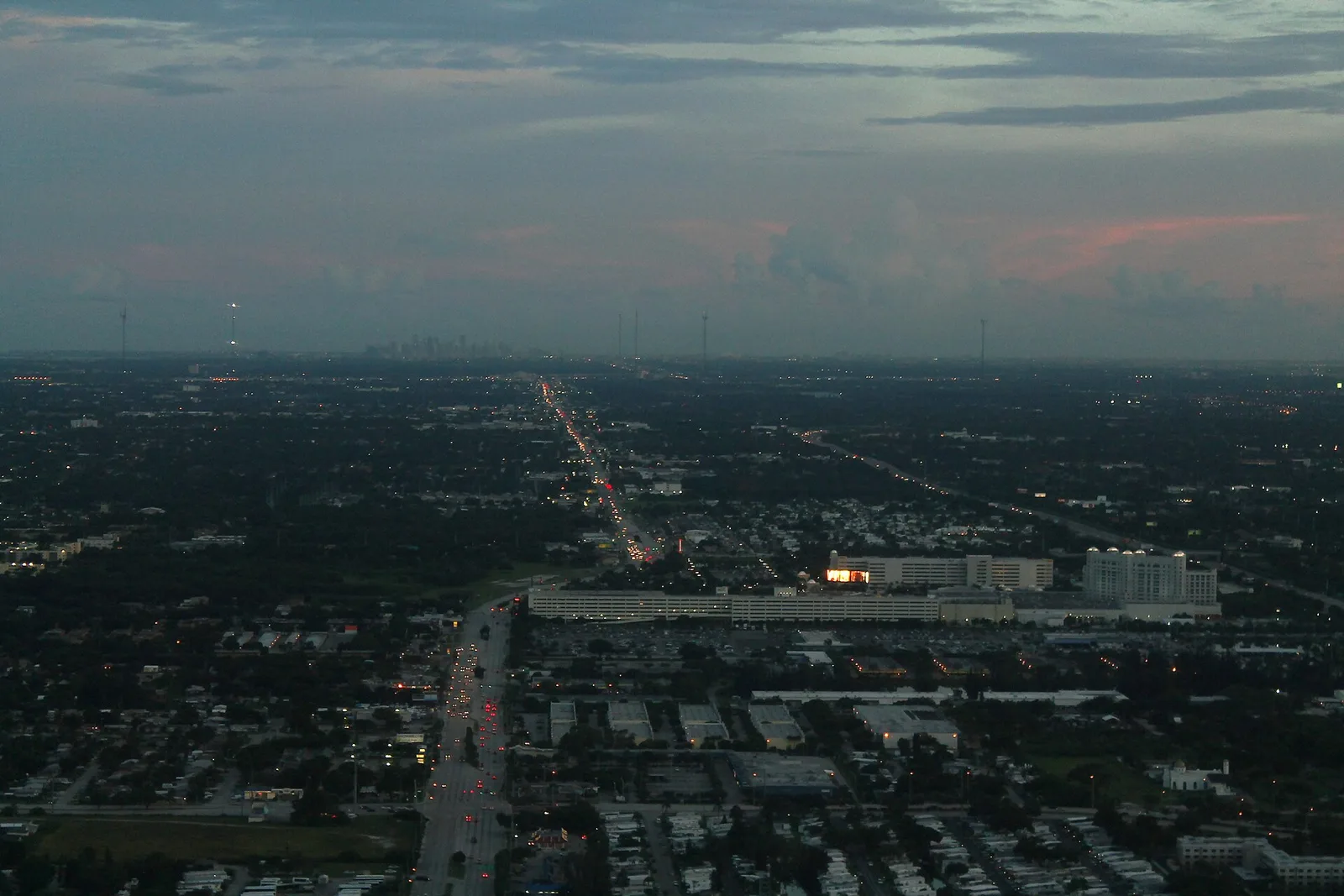 Neighborhoods along U.S. 441 (State Road 7) in Davie, seen from the air at dusk.