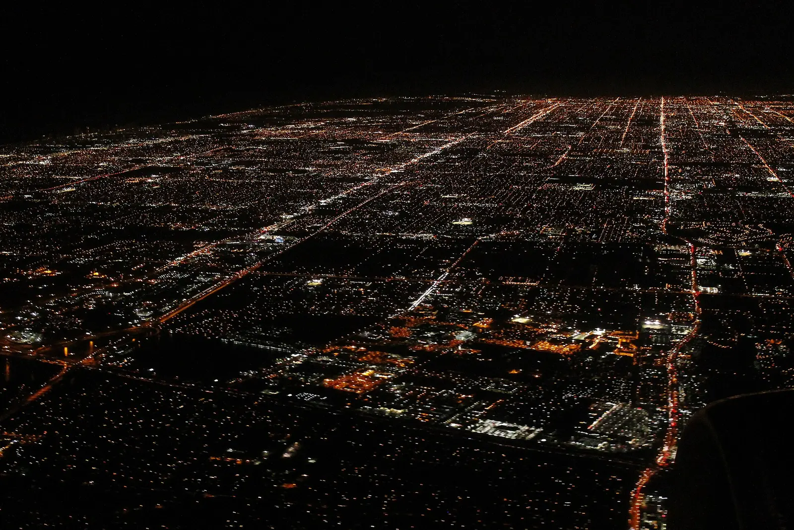 The lights of Hollywood, Pembroke Pines and Davie seen from a plane landing at Fort Lauderdale-Hollywood International Airport.
